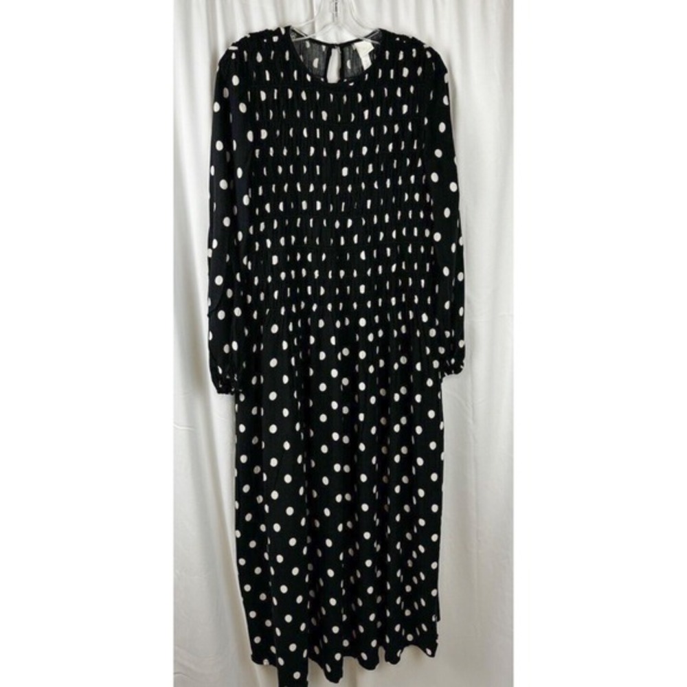 H&M Polka Dot Smocked Midi Dress Black White Long Sleeve M Rockabilly Chic 51-29 - Picture 15 of 15
